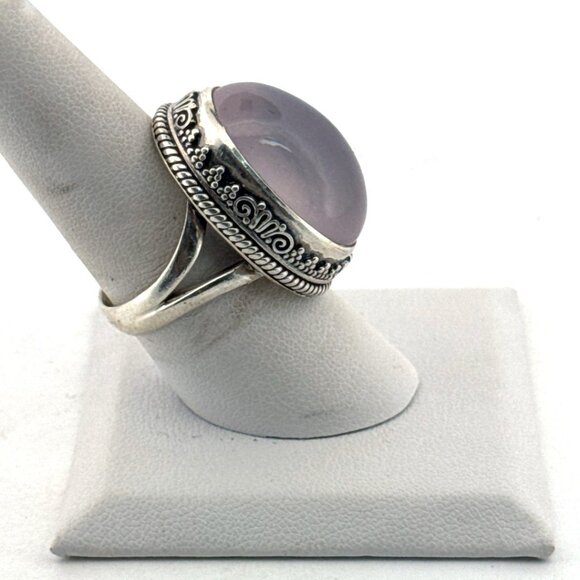 Estate Sterling Silver 925 Large Oval Rose Quartz Cabochon Ring Size 7.75 - Picture 2 of 8